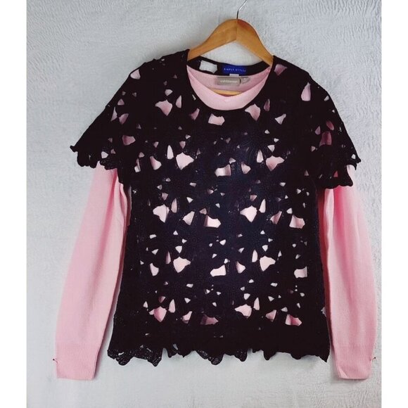 Tunic Top Black Eyelet Emrodrey Floral Short Sleeve Cut-Out Blouse Sz L Boho - Picture 2 of 11